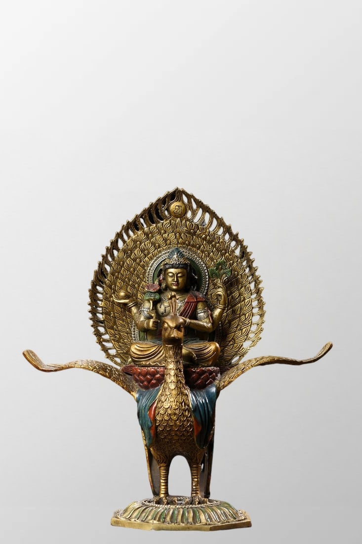 Tibetan Buddhism Colored Drawing Gilt Gold Bronze Peacock Mingwang Statue (1 of 10)