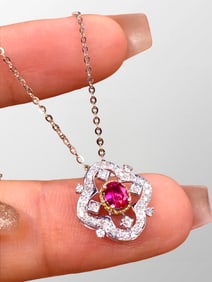 Exquisite 18k White Gold Inlay Ruby & Diamond Lucky Pendant w Silver Necklace