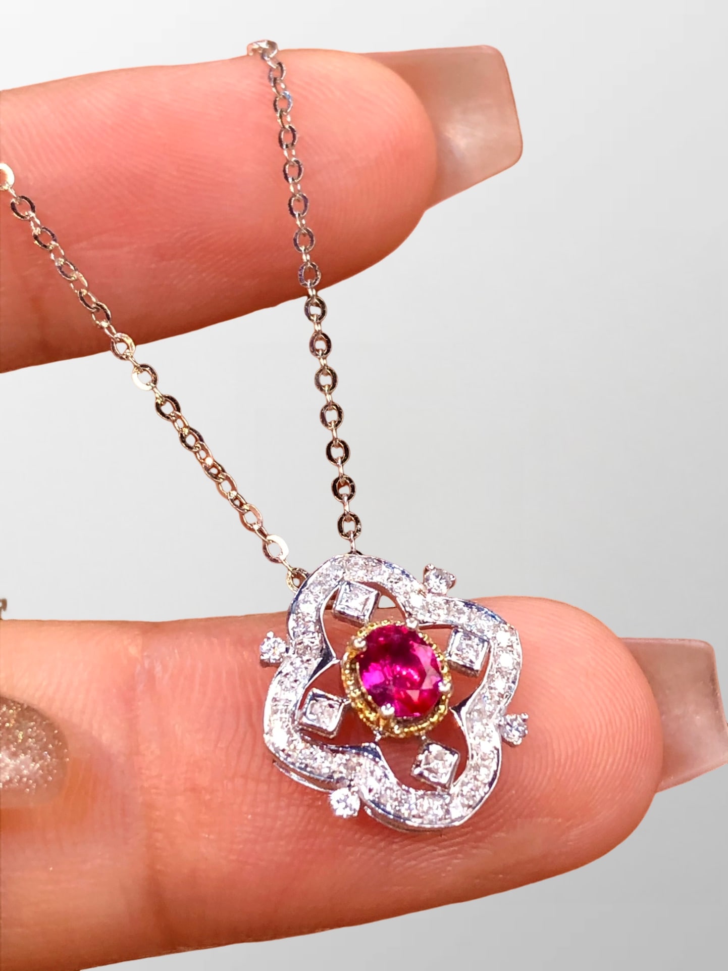 Exquisite 18k White Gold Inlay Ruby & Diamond Lucky Pendant w Silver Necklace