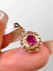 Exquisite 18k Gold Inlay Ruby & Diamond Lucky Pendant w Silver Necklace