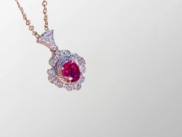 Exquisite 18k White Gold Inlay Ruby & Diamond Lucky Pendant w Silver Necklace