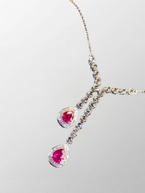 Exquisite 18k White Gold Inlay Ruby & Diamond Water Drop Shape Pendant w Silver Necklace