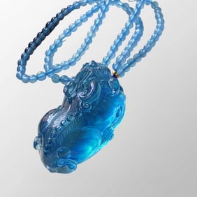 Beautiful Natural Aquamarine Carved Fortune Pixiu Pendant/Aquamarine Beads Necklace