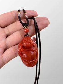 Chinese Natural Nanhong Agate Carved Laughing Buddha Pendant