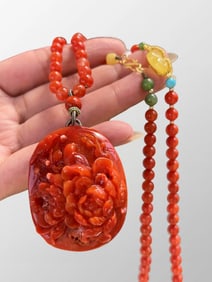 Chinese Natural Nanhong Agate Carved Flowers Bird Pendant w Beads Necklace