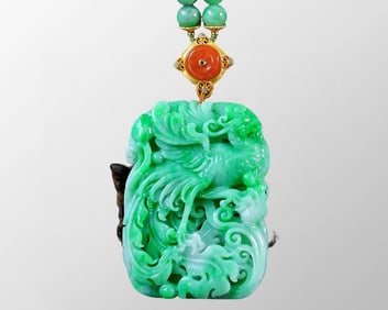Superb Natural Jadeite Carved Phoenix Pendant w Beads Necklace
