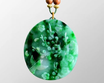 Superb Natural Jadeite Carved Plum Flower & Magpie Pendant w Wood Beads Necklace