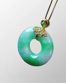 Superb Natural 18K Gold Inlay Jadeite Carved Lucky Pendant