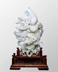 High Quality Chinese White Hetian Jade Carved Feitian Female Deity Statue