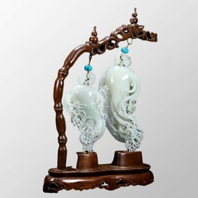 Superb Chinese Qing Dynasty Hetian Jade Carved Ginseng Statue w Wood Base