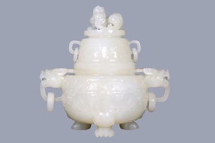 Superb Chinese Qing Dynasty  Hetian Jade Dragon Head Double Rings Incense Burner