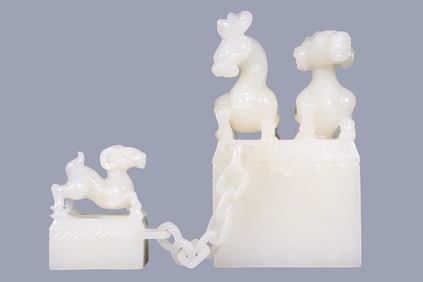 Exquisite Chinese Qing Dynasty Hetian Jade Carved Three Sheep Chain Seal