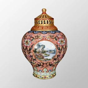 Chinese Qing Dynasty Gilt Gold Famille Rose Enamel Mountain River Scene Design Porcelain Pot w Lid