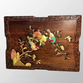 Superb Chinese Huanghuali Wood Inlay Shell Magpie & Pomegranate Design Box
