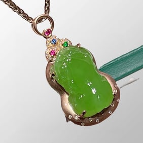 Beautiful 18k Gold Inaly Green Hetian Jade & Diamond & Gems Fortune Pixiu Pendant w Necklace