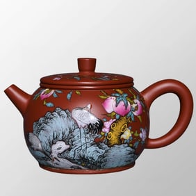 Chinese Yixing Zisha Clay Famille Rose Crane & Peach Design Teapot