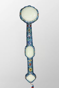 Superb Chinese Gilt Gold Bronze Cloisonne Inlay White Hetian Jade Ruyi Scepter