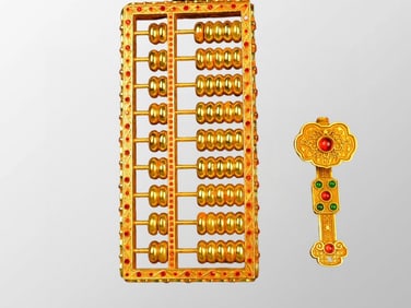 Vintage Chinese Gilt Gold Bronze Inlay Gem Abacus & Ruyi Statue w Box