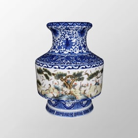 Chinese Qing Dynasty Famille Rose & Blue And White Porcelain Pine Tree & Crane Design Vase