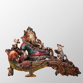 Tibetan Buddhism Gilt Gold Bronze Inlay Turquoise & Gem Ganesha Statue