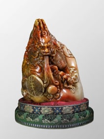 Vintage Chinese Shoushan Stone High Relief Fortune Dragon Seal Statue w Box