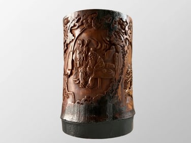 Vintage Chinese Bamboo Low Relief Confucius & Student Design Brush Pot