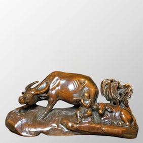 Old Chinese Boxwood Wood Carved Fortune Ox Statue