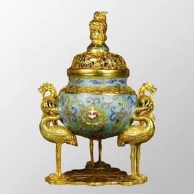 Superb Chinese Gilt Gold Bronze Cloisonne 3 Legs Crane Incense Burner