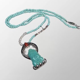 Chinese 925 Silver Inlay Turquoise Buddha Pendant