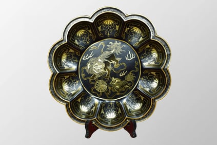 Vintage Chinese Gilt Gold Black Lacquerware Fortune Lion Plate
