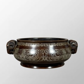 Old Chinese Copper Inlay Silver Wires Sheep Double Ears Incense Burner