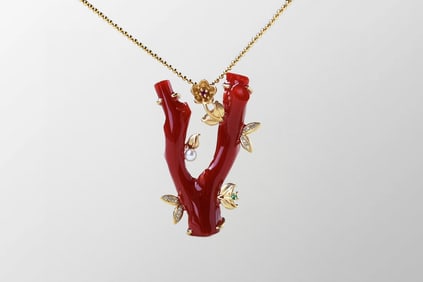 18k Gold Inlay Red Coral & Diamond,Pearl Branch Pendant w Silver Necklace