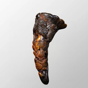 Vintage Ox Horn Carved Lotus Flower & Lotus Flower & Carp Statue