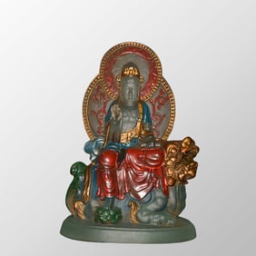 Vintage Chinese Gilt Gold Peking Glass Manjushri Bodhisattva Statue