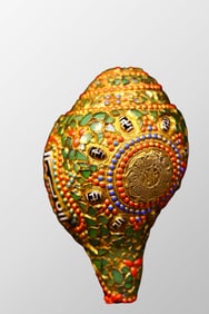 Vintage Buddhism Gilt Gold Bronze Inlay DZI Agate & Gem Conch