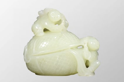 Superb Chinese Qing Dynasty Hetian Jade Carved Conch & Ruyi Kid Statue w Box