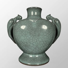 Chinese Guan Kiln Blue Glaze Double Ears Bird Porcelain Vase