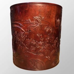 Chinese Huanghuali Wood Low Relief Plum Flower & Bamboo & Chrysanthemum Design Brush Pot