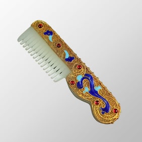 Exquisite Chinese Gold Wires Enamel Inlay Gem & White Hetian Jade Comb