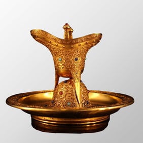 Old Chinese Gilt Gold Bronze Inlay Turquoise & Lapis Lazuli 3 Legs Wine Cup w Saucer