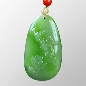 Chinese Natural Green Hetian Jade Carved Plum Flower & Magpie Pendant