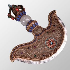 Tibetan Gilt Gold Silver Wires Inlay Crystal & Turquoise,Red Coral,Lapis Lazuli Xiangmo Axe Statue