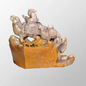 Old Chinese Shoushan Stone Tianhuang Stone Carved Camel & Figure Statue
