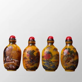 A Set Four Chinese Yellow Peking Glass Mountain River Scene Snuff Bottle