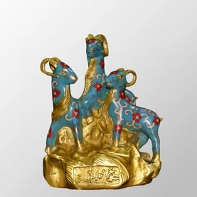 Vintage Chinese Gilt Gold Bronze Cloisonne Three Sheep Statue