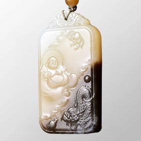 Chinese Qing Dynasty Hetian Jade Carved Laughing Buddha & Dragon Pendant w Certificate