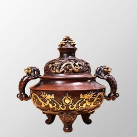 Vintage Chinese Gilt Gold Copper Fortune Dragon Design Double Ears 3 Legs Incense Burner