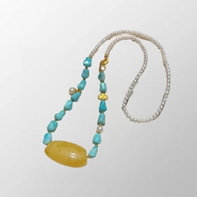 Beautiful Natural Beeswax Beads Pendant/Turquoise & Pearl Beads Necklace