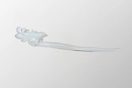 Chinese Natural White Hetian Jade Carved Flower Hair Decoration