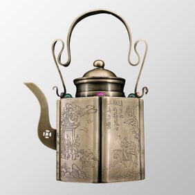 Vintage Chinese White Copper Poetic Prose & Figure Handle Teapot